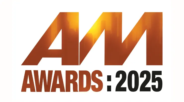 The AM Awards 2025 logo in orange and black text on a white background