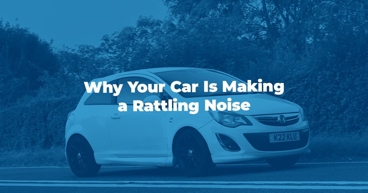The article title over a car that is making a rattling noise, in a blue overlay.
